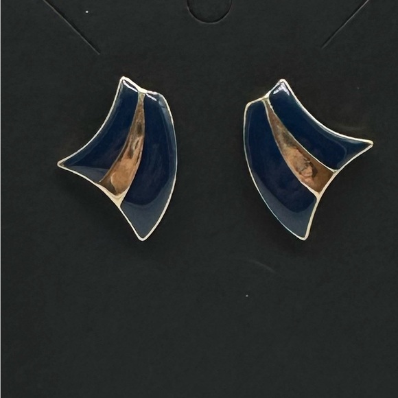 Vintage Enamel Earrings Navy Blue Nautical Sail Pierced Post Statement Earrings - Picture 1 of 6